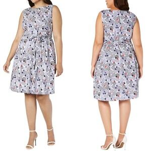 Anne Klein Floral Geometric Striped Eyelet Belted Fit and Flare Dress‎ 14W NWT